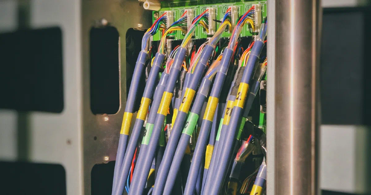 Blue cables with yellow numbered labels running into a green circuit board inside a metal telecom equipment frame