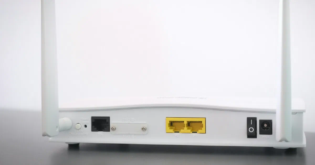 Back of a white home internet router showing its ports and power switch