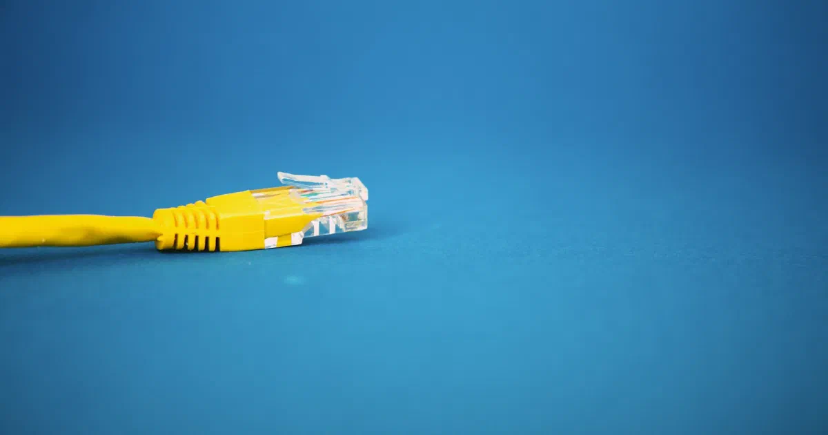Yellow Ethernet cable with an RJ45 plug on a blue background