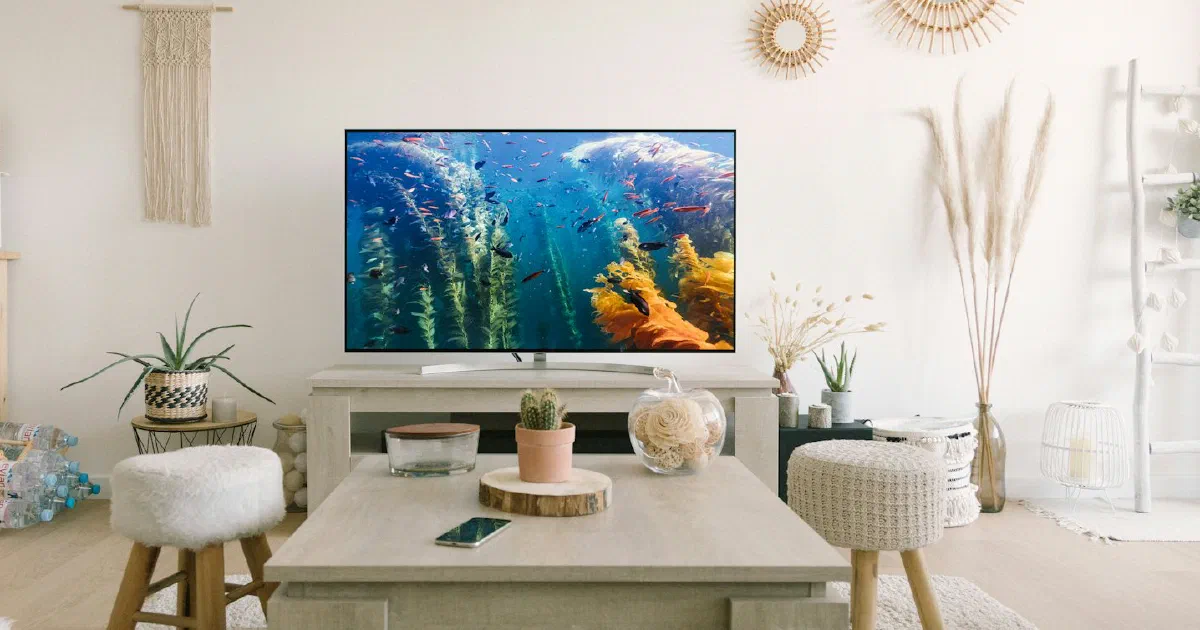 Bright living room with a TV showing an underwater scene