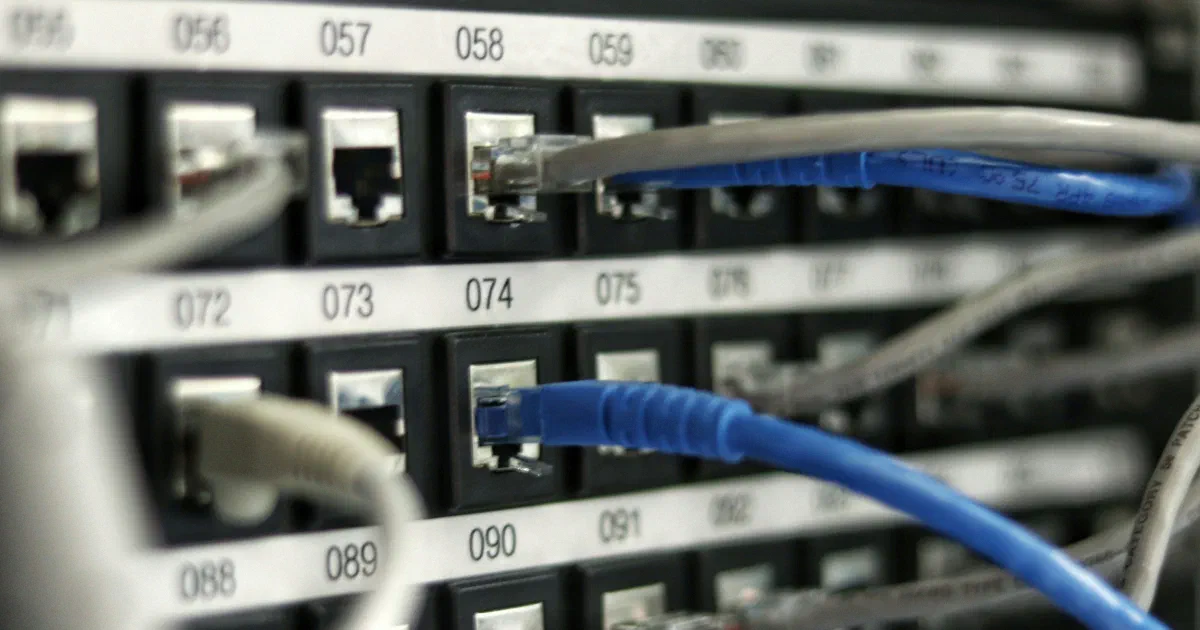 Close-up of a numbered network patch panel with blue and gray Ethernet cables plugged into some of the ports