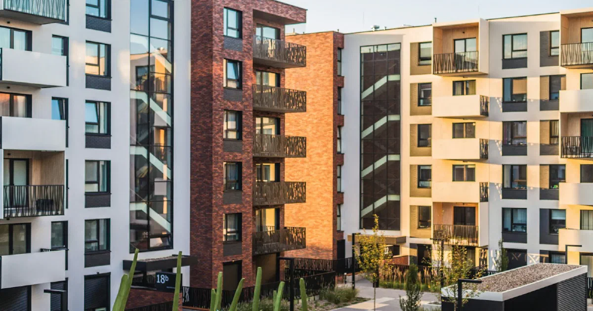 Modern apartment buildings with balconies in warm evening light